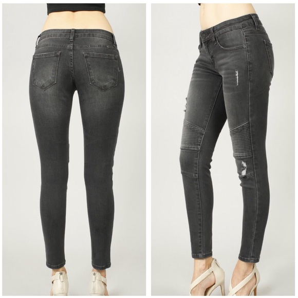 Denim Distressed Moto Skinnies - Picture 6 of 8